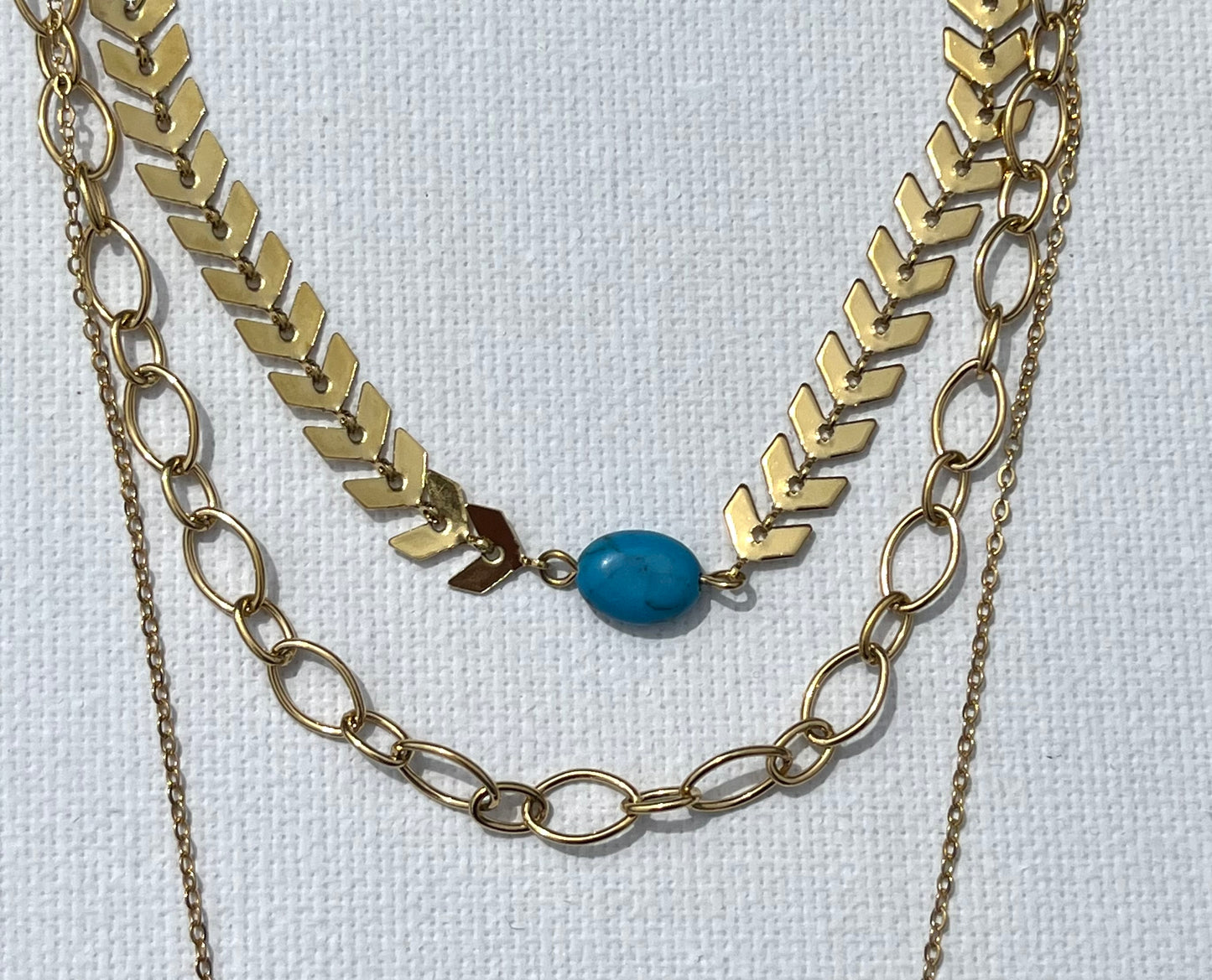 Découvre notre collier multi-chaînes, en acier inoxydable et plaqué or. Ce bijou se compose de trois chaînes, chacune apportant sa touche unique. La première chaîne est une élégante maille chevron, ornée d'une perle turquoise. La seconde chaîne, plus courte, présente des maillons ovales entrelacés, créant un jeu de textures. Enfin, la troisième chaîne, plus fine et minimaliste, met en avant un pendentif en forme d’œil, serti de zircons et d'une pierre turquoise centrale.