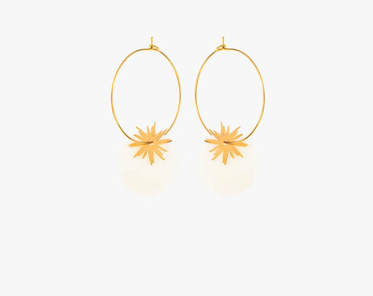 Laisse-toi séduire par ces boucles d'oreilles créoles au design raffiné et minimaliste, en acier inoxydable et plaqué or. Ces boucles d'oreilles se distinguent par leur fine structure circulaire, avec un pendentif blanc nacré et au centre, une étoile est suspendue. Légères et aériennes, elles s'adaptent aussi bien à une tenue décontractée qu'à un look plus sophistiqué.